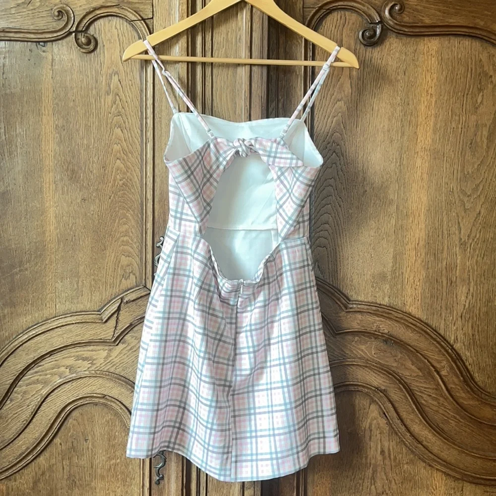 French Connection Yaki Whisper Gingham Sweetheart Tie Back Detail Mini Dress - Picture 9 of 12
